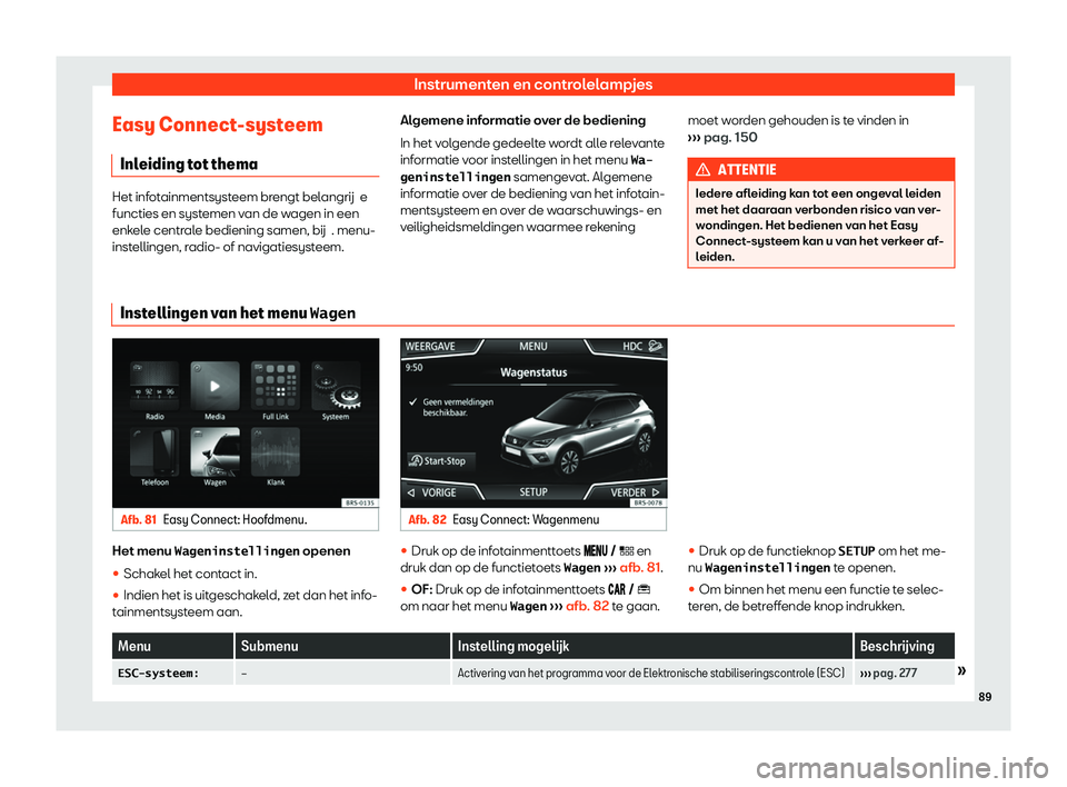 Seat Arona 2020  Handleiding (in Dutch) Instrumenten en controlelampjes
Easy Connect-systeem Inl eiding t
ot themaHet infotainmentsysteem brengt bel
angrij
 e
functies en systemen van de wagen in een
enkele centrale bediening samen, bij . m