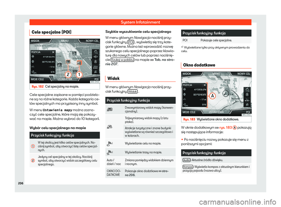 Seat Arona 2020  Instrukcja Obsługi (in Polish) System Infotainment
Cele specjalne (POI) Rys. 182
Cel specjalny na mapie. Cele specjalne zapisane w pamięci podzielo-
ne są na r
ó
żne kategorie. Każda kategoria ce-
lów specjalnych ma przypisan