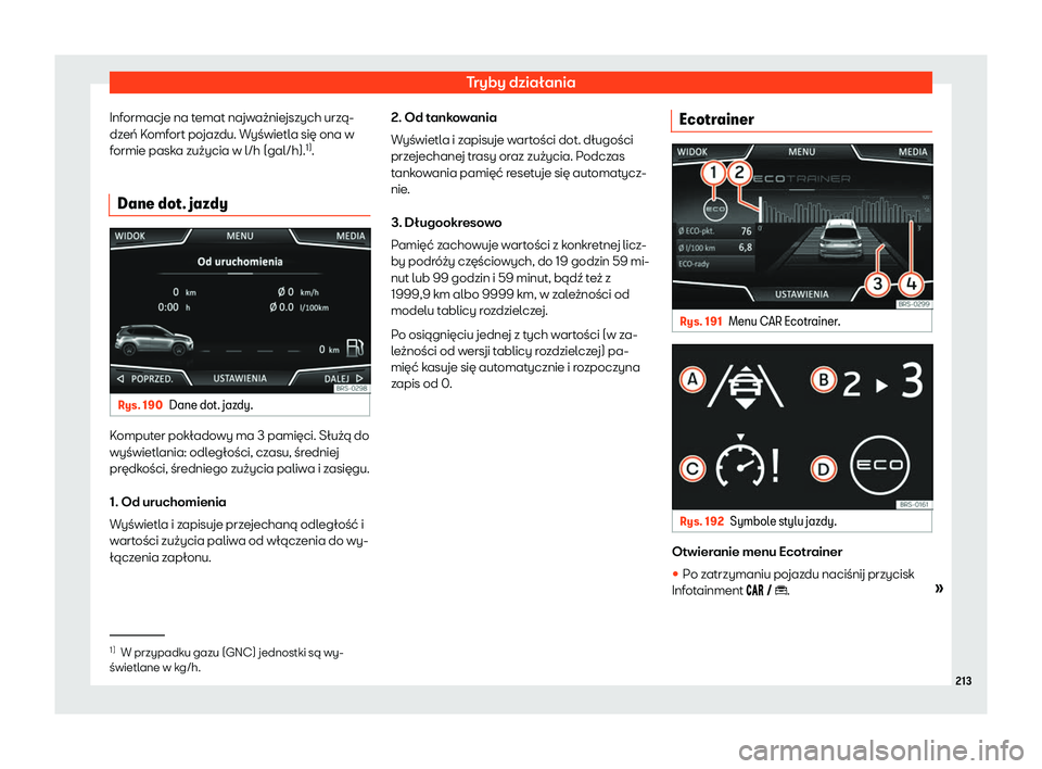 Seat Arona 2020  Instrukcja Obsługi (in Polish) Tryby działania
Informacje na temat najważniejszych urzą-
dz eń K
omfort pojazdu. Wyświetla się ona w
formie paska zużycia w l/h (gal/h). 1)
.
Dane dot. jazdy Rys. 190
Dane dot. jazdy. Komputer
