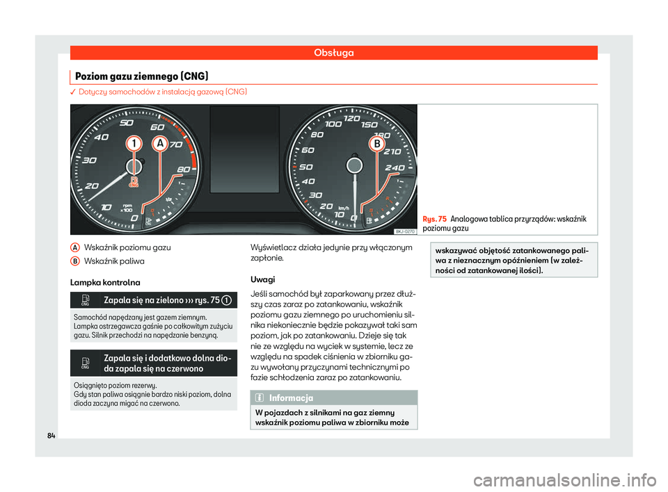 Seat Arona 2020  Instrukcja Obsługi (in Polish) Obsługa
Poziom gazu ziemnego (CNG) � Dot
yczy samochodów z instalacją gazową (CNG) Rys. 75
Analogowa tablica przyrz