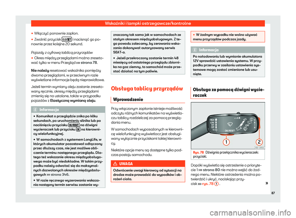 Seat Arona 2020  Instrukcja Obsługi (in Polish) Wskaźniki i lampki ostrzegawcze/kontrolne

