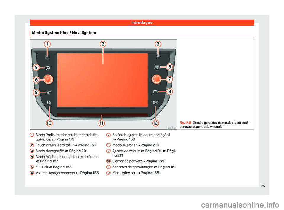 Seat Arona 2020  Manual do proprietário (in Portuguese)  Introdução
Media System Plus / Navi System Fig. 140
Quadro geral dos comandos (esta confi-
gur a