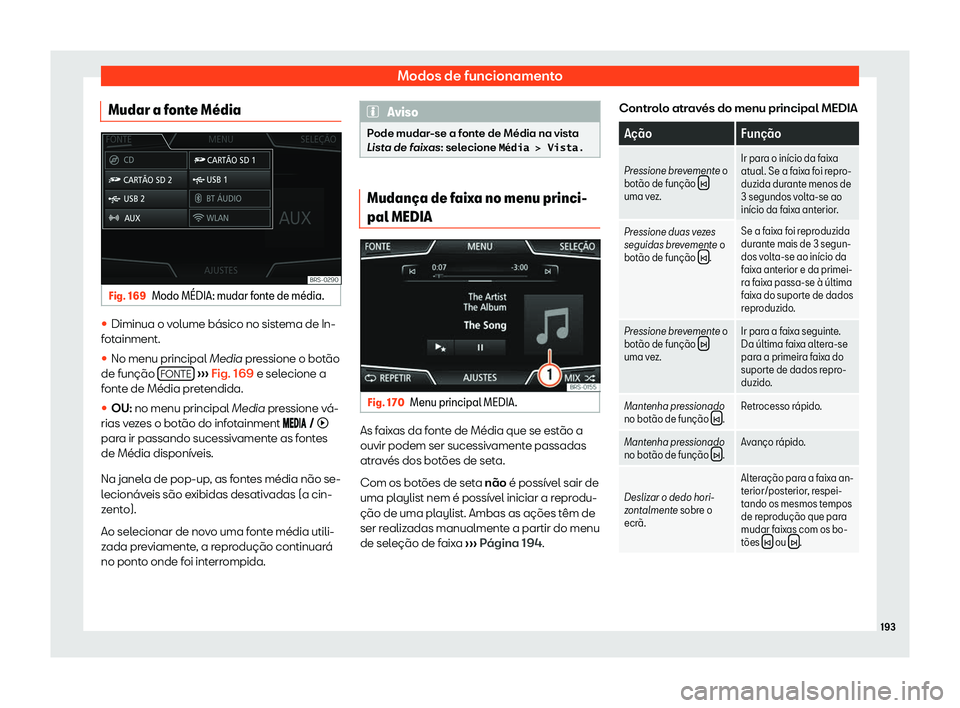 Seat Arona 2020  Manual do proprietário (in Portuguese)  Modos de funcionamento
Mudar a fonte M