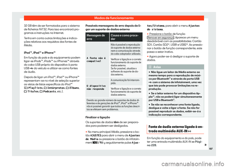 Seat Arona 2020  Manual do proprietário (in Portuguese)  Modos de funcionamento
32 GB têm de ser formatados para o sistema
de ficheir os F
AT32. Para isso encontrará pro-
gramas e instruções na Internet.
Tenha em conta outras limitações e indica-
çõ