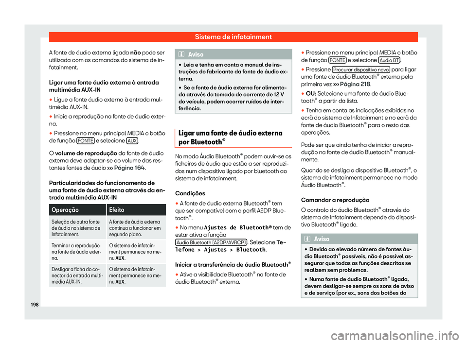 Seat Arona 2020  Manual do proprietário (in Portuguese)  Sistema de infotainment
A fonte de áudio externa ligada não pode ser
utiliz ada com os comandos do sist
ema de in-
fotainment.
Ligar uma fonte áudio externa à entrada
multimédia AUX-IN
