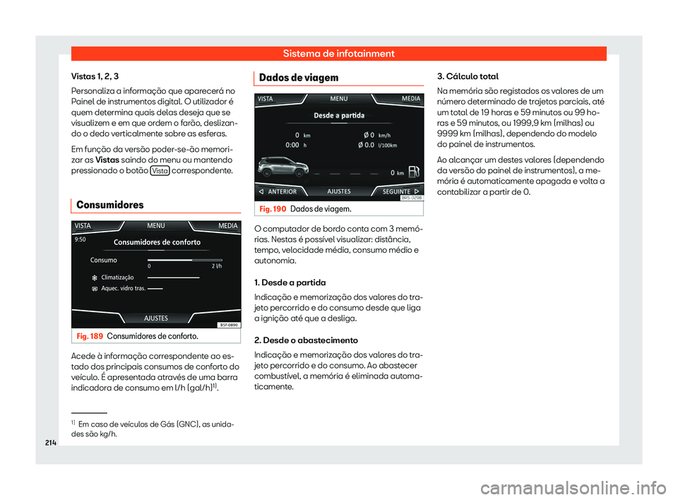 Seat Arona 2020  Manual do proprietário (in Portuguese)  Sistema de infotainment
Vistas 1, 2, 3
P ersonaliz
a a informação que aparecerá no
Painel de instrumentos digital. O utilizador é
quem determina quais delas deseja que se
visualizem e em que ordem