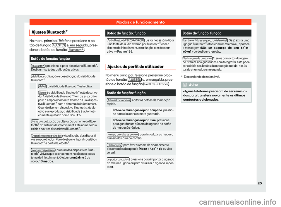 Seat Arona 2020  Manual do proprietário (in Portuguese)  Modos de funcionamento
Ajustes Bluetooth 