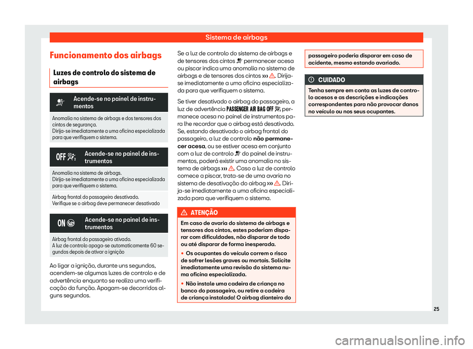 Seat Arona 2020  Manual do proprietário (in Portuguese)  Sistema de airbags
Funcionamento dos airbags Luz
es de controlo do sistema de
airbags �T
Acende-se no painel de instru-
ment
os
Anomalia no sist

ema de airbags e dos tensores dos
cint os de segur

an