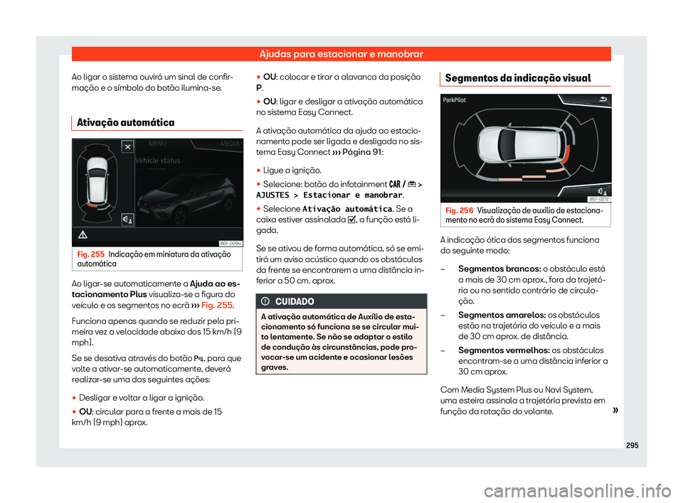 Seat Arona 2020  Manual do proprietário (in Portuguese)  Ajudas para estacionar e manobrar
Ao ligar o sistema ouvirá um sinal de confir-
mação e o símbol o do bot
ão ilumina-se.
Ativa