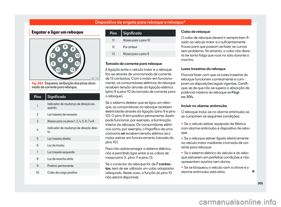 Seat Arona 2020  Manual do proprietário (in Portuguese)  Dispositivo de engate para reboque e reboque*
Engatar e ligar um reboque Fig. 262
Esquema: atribui