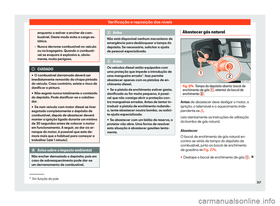 Seat Arona 2020  Manual do proprietário (in Portuguese)  Verificação e reposição dos níveis
enquanto o estiver a encher de com-
bustív
el. Dest
e modo evita a carga es-
tática.
�