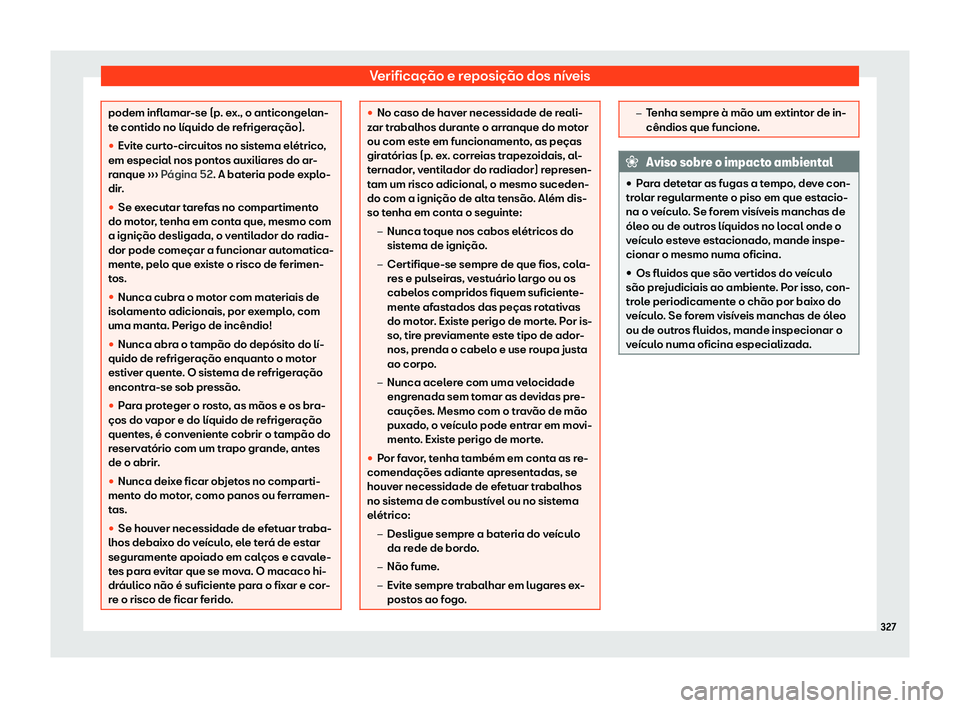 Seat Arona 2020  Manual do proprietário (in Portuguese)  Verificação e reposição dos níveis
podem inflamar-se (p. ex., o anticongelan-
t
e contido no líquido de r
efrigeração).
