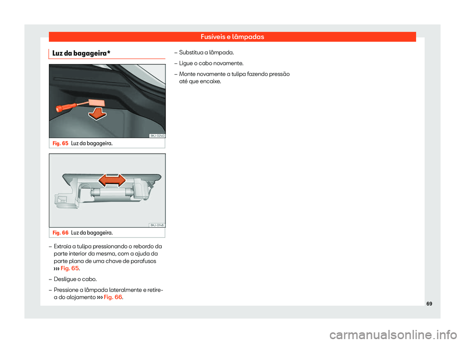 Seat Arona 2020  Manual do proprietário (in Portuguese)  Fusíveis e lâmpadas
Luz da bagageira* Fig. 65
Luz da bagageira. Fig. 66
Luz da bagageira. �