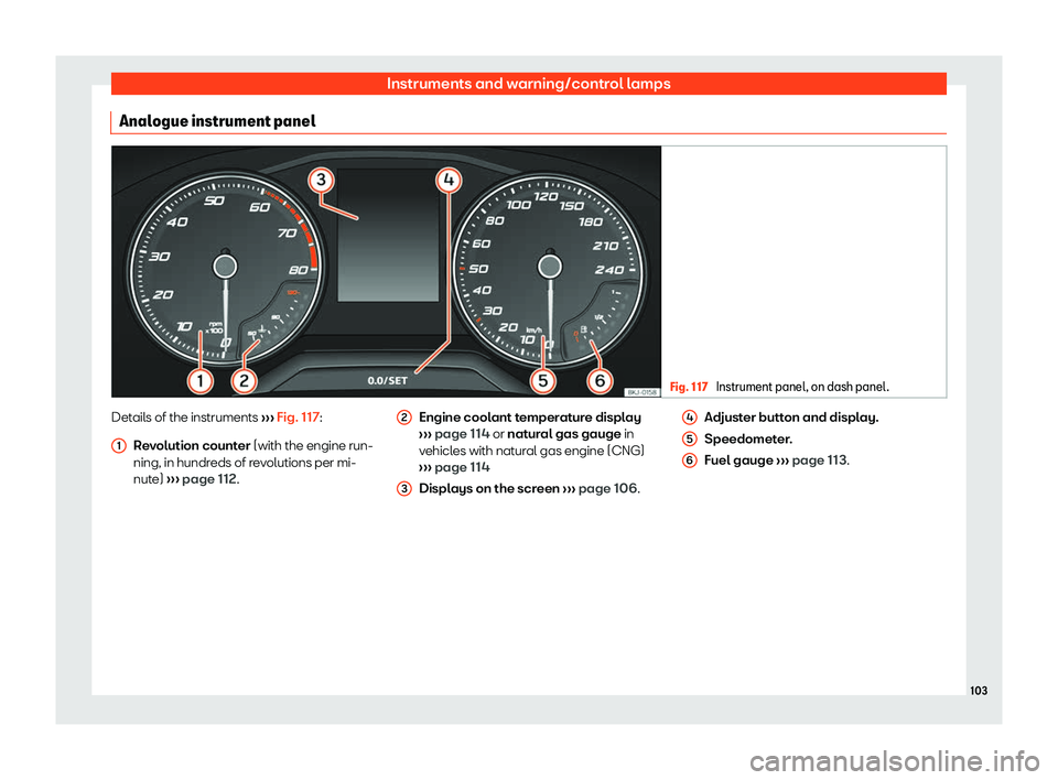 Seat Arona 2019  Owners Manual Instruments and warning/control lamps
Analogue instrument panel Fig. 117 
Instrument panel, on dash panel. Details of the instruments 

