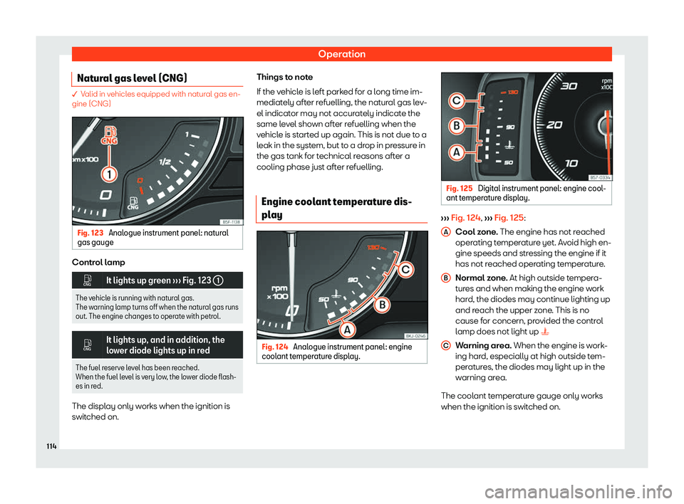 Seat Arona 2019  Owners Manual Operation
Natural gas level (CNG) � Valid in vehicles equipped with natural gas en-
gine (CNG)
Fig. 123 
Analogue instrument panel: natural
gas gauge Control lamp
�
