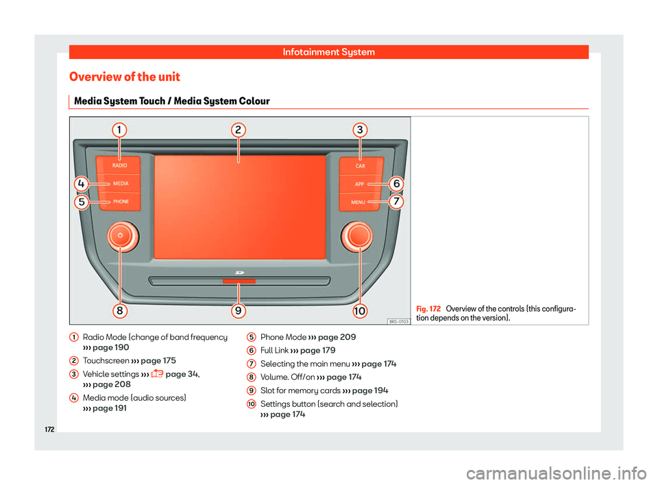 Seat Arona 2019  Owners Manual Infotainment System
Overview of the unit Media Syst em T
ouch / Media Syst em Col
our Fig. 172 
Overview of the controls (this configura-
tion depends on the v ersion).Radio Mode (change of band frequ
