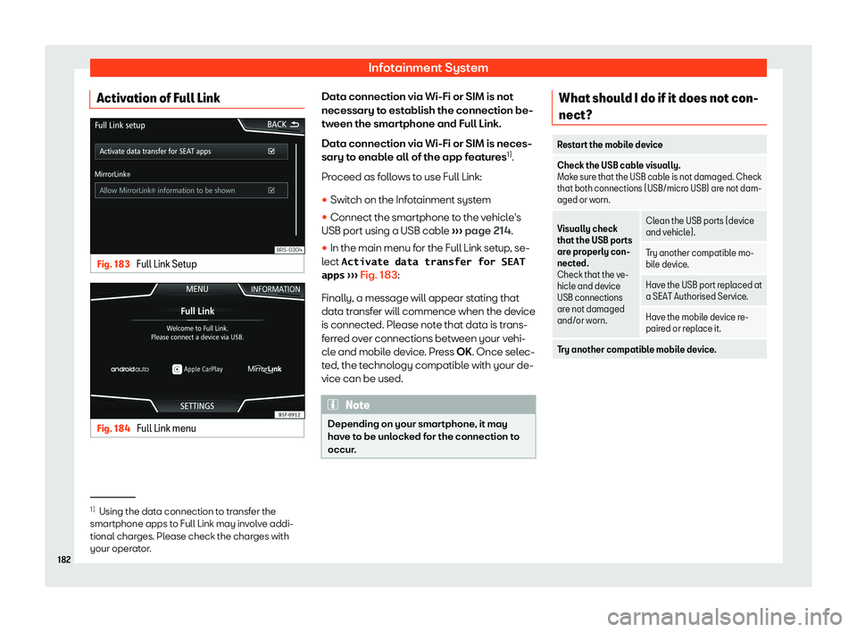 Seat Arona 2019  Owners Manual Infotainment System
Activation of Full Link Fig. 183 
Full Link Setup Fig. 184 
Full Link menu Data connection via Wi-Fi or SIM is not
necessary t
o est
ablish the connection be-
tw een the smar
tphon