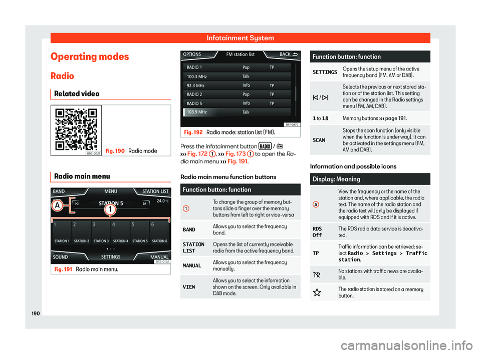 Seat Arona 2019  Owners Manual Infotainment System
Operating modes R adio
R el at
ed video Fig. 190 
Radio mode Radio main menu
Fig. 191 
Radio main menu. Fig. 192 
Radio mode: station list (FM). Press the infotainment button 
�
