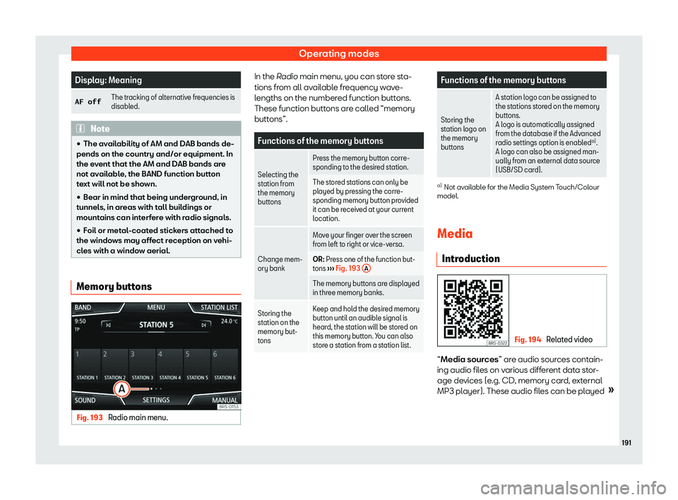 Seat Arona 2019  Owners Manual Operating modes
Display: Meaning
�A�F� �o�f�f The tracking of alternative frequencies is
disabl
ed. Note
