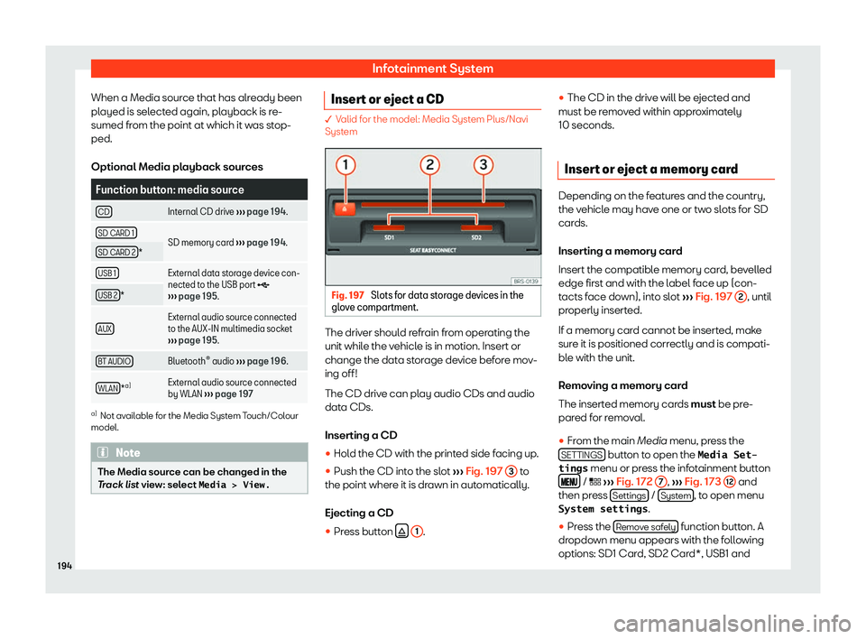 Seat Arona 2019  Owners Manual Infotainment System
When a Media source that has already been
pl ayed is sel
ected again, pl
ayback is r
e-
sumed from the point at which it was stop-
ped.
Optional Media playback sources Function but