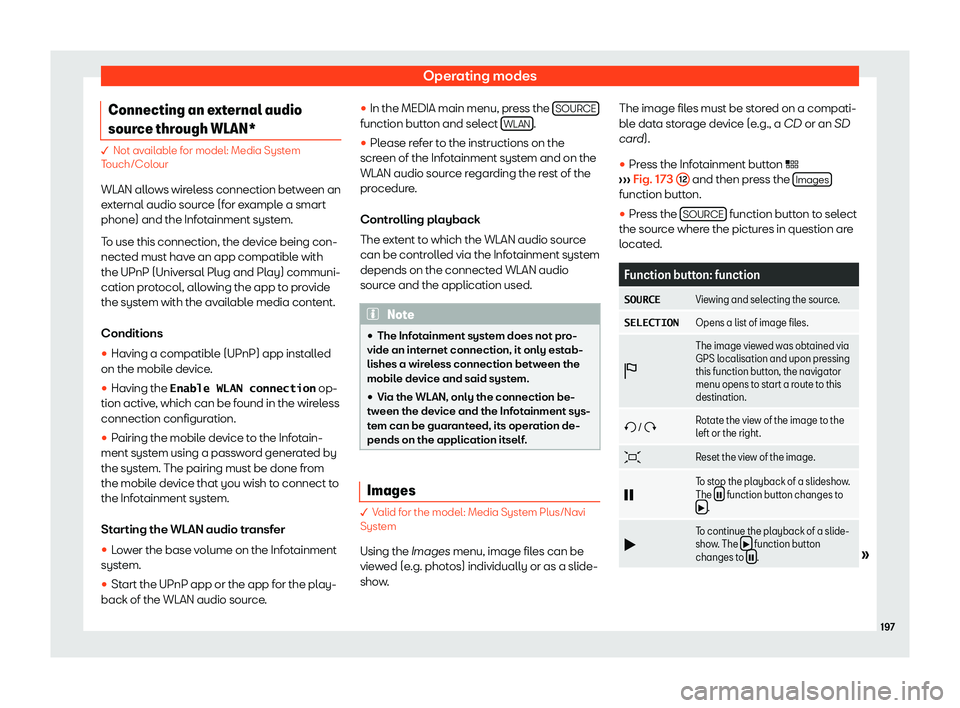 Seat Arona 2019  Owners Manual Operating modes
Connecting an external audio
sour ce thr
ough WLAN* � Not available for model: Media System
Touch/Colour
WLAN all o
ws wireless connection between an
external audio source (for exampl