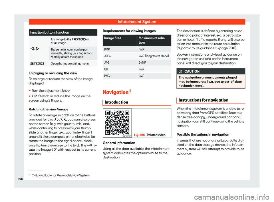 Seat Arona 2019  Owners Manual Infotainment System
Function button: function
�  / 
� To change to the �P�R�E�V�I�O�U�S
 or
�N�E�X�T  image.
The same function can be per-
formed by sliding your finger hori-
zontally acr oss th