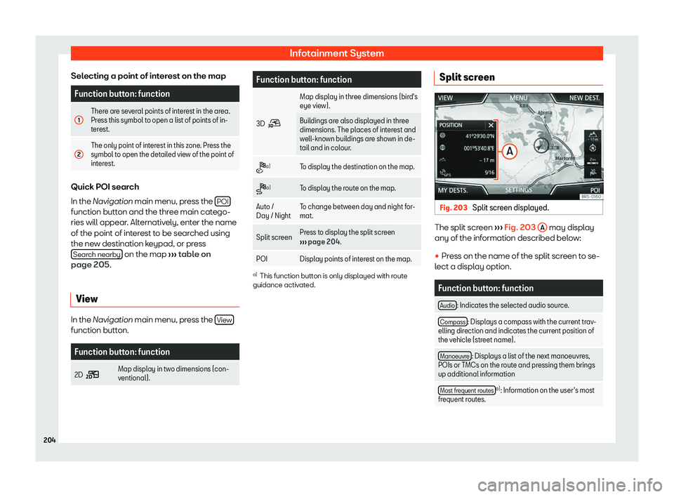 Seat Arona 2019  Owners Manual Infotainment System
Selecting a point of interest on the map Function button: function
1 There are several points of interest in the area.
Press this symbol to open a list of points of in-
ter
est.
2 