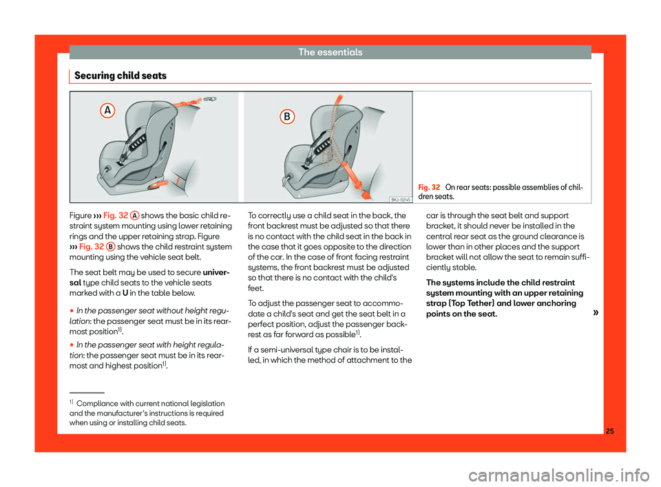 Seat Arona 2019  Owners Manual The essentials
Securing child seats Fig. 32 
On rear seats: possible assemblies of chil-
dren seats. Figure 
