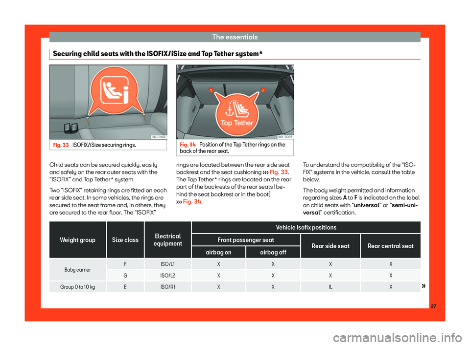 Seat Arona 2019  Owners Manual The essentials
Securing child seats with the ISOFIX/iSize and Top Tether system* Fig. 33 
ISOFIX/iSize securing rings. Fig. 34 
Position of the Top Tether rings on the
back of the rear seat. Child sea