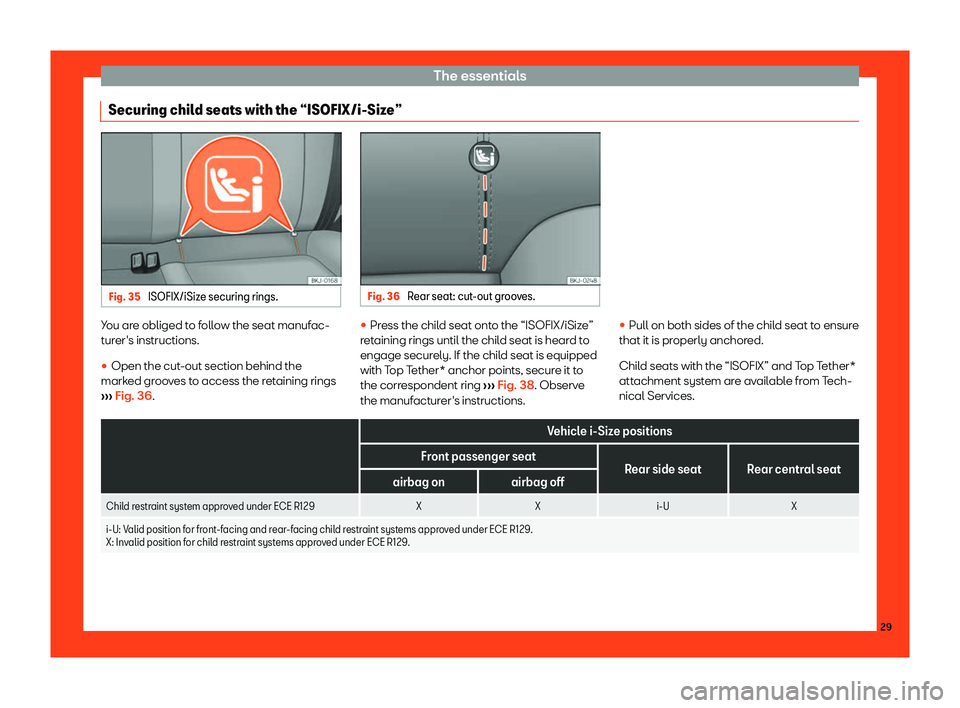 Seat Arona 2019  Owners Manual The essentials
Securing child seats with the “ISOFIX/i-Size” Fig. 35 
ISOFIX/iSize securing rings. Fig. 36 
Rear seat: cut-out grooves. You are obliged to follow the seat manufac-
t
ur
er 