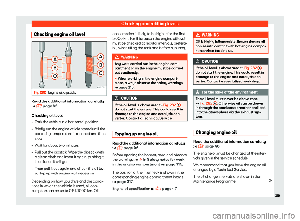 Seat Arona 2019  Owners Manual Checking and refilling levels
Checking engine oil level Fig. 282 
Engine oil dipstick. Read the additional information carefully
