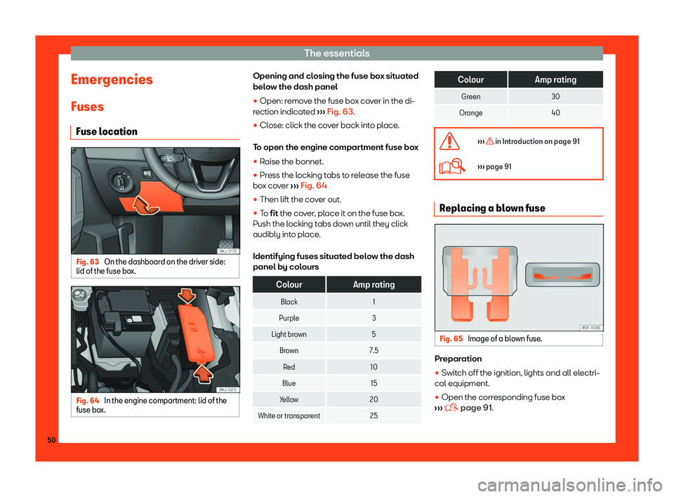 Seat Arona 2019 Workshop Manual The essentials
Emergencies
Fuses Fuse l ocation Fig. 63 
On the dashboard on the driver side:
lid of the fuse bo x.Fig. 64 
In the engine compartment: lid of the
fuse bo x. Opening and closing the fus