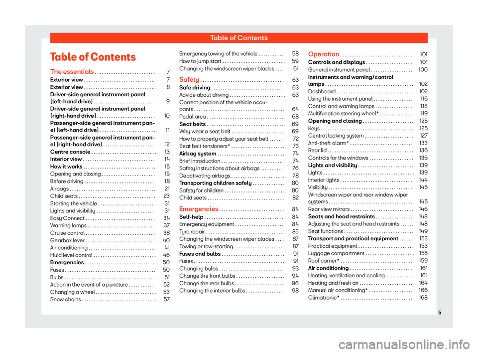 Seat Arona 2019  Owners Manual Table of Contents
Table of Contents The essential s
 . . . . . . . . . . . . . . . . . . . . . . . . . . 7
Ext erior vie
w . . . . . . . . . . . . . . . . . . . . . . . . . . . . . . . 7
Exterior view