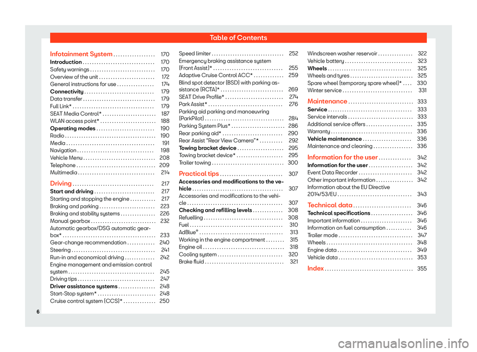 Seat Arona 2019  Owners Manual Table of Contents
Infotainment System . . . . . . . . . . . . . . . . . . 170
Introduction . . . . . . . . . . . . . . . . . . . . . . . . . . . . . . . 170
Safety warnings . . . . . . . . . . . . . .