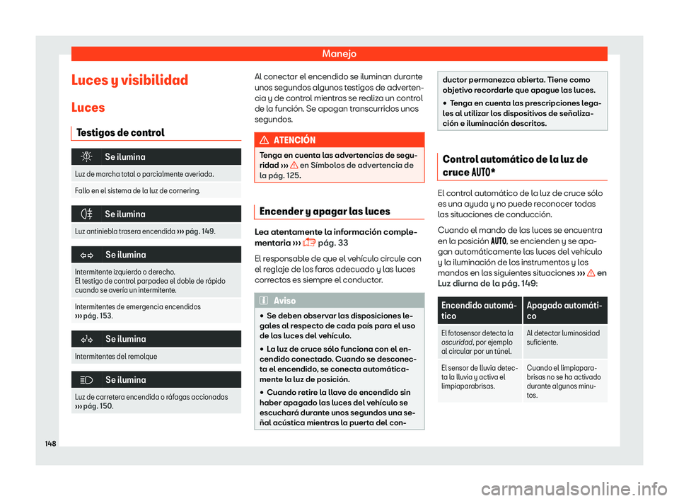 Seat Arona 2019  Manual del propietario (in Spanish) Manejo
Luces y visibilidad
L uces
T estigos de contr ol�
Se ilumina
Luz de marcha total o parcialmente averiada.
Fallo en el sistema de la luz de cornering. �