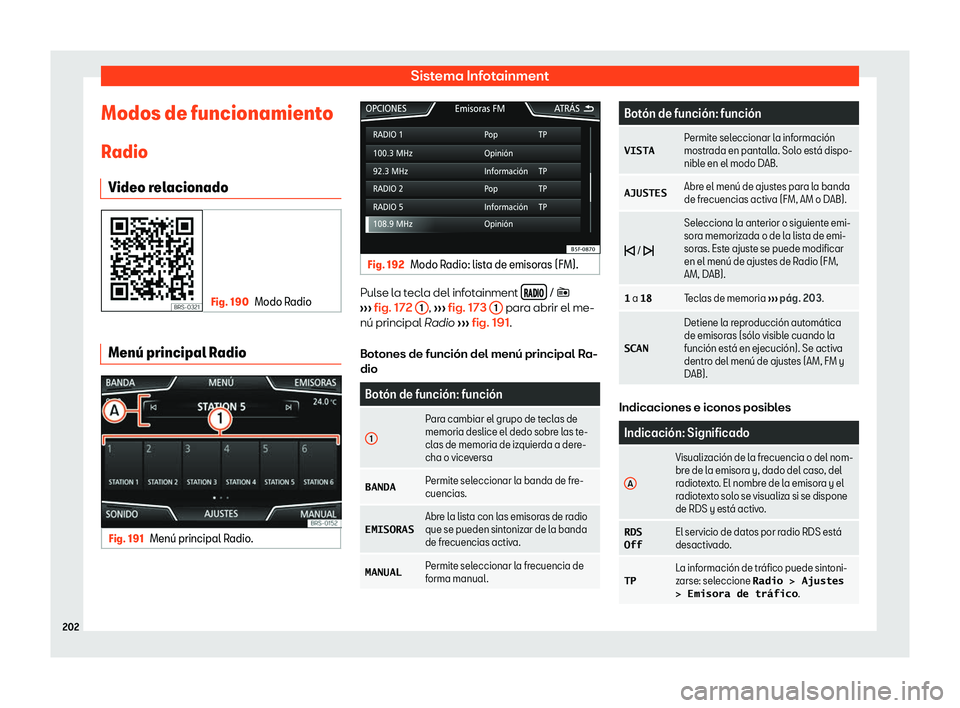 Seat Arona 2019  Manual del propietario (in Spanish) Sistema Infotainment
Modos de funcionamiento
R adio
Video r elacionado Fig. 190
Modo Radio Men