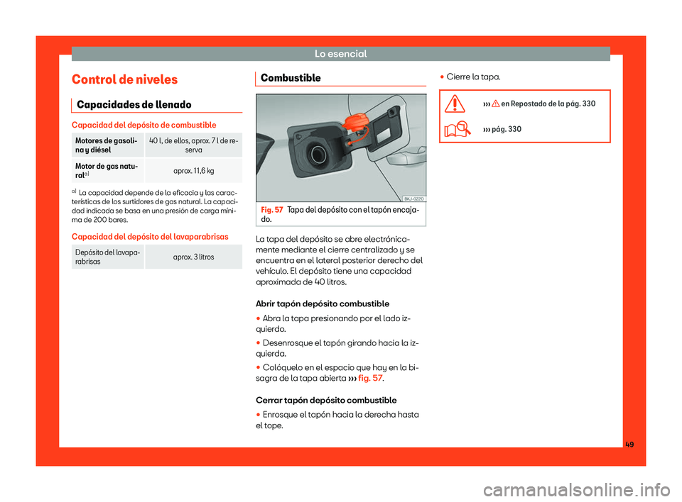 Seat Arona 2019  Manual del propietario (in Spanish) Lo esencial
Control de niveles Capacidades de ll enadoCapacidad del dep