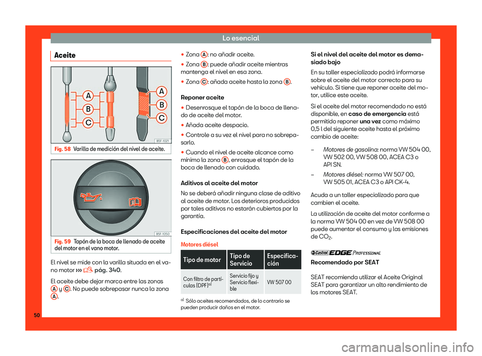 Seat Arona 2019  Manual del propietario (in Spanish) Lo esencial
Aceite Fig. 58
Varilla de medici