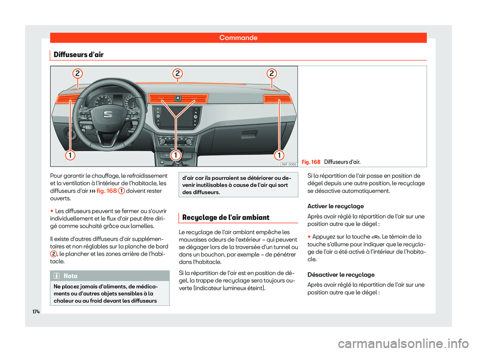 Seat Arona 2019  Manuel du propriétaire (in French)  Commande
Diffuseurs d