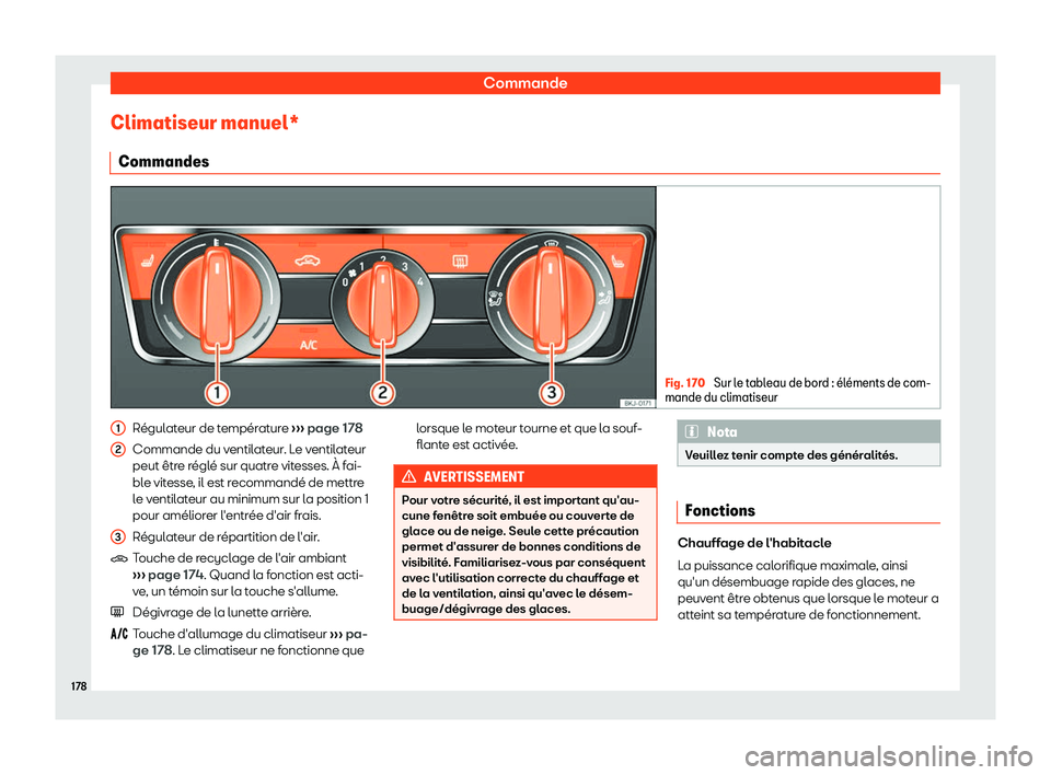 Seat Arona 2019  Manuel du propriétaire (in French)  Commande
Climatiseur manuel* Commandes Fig. 170 
Sur le tableau de bord : 