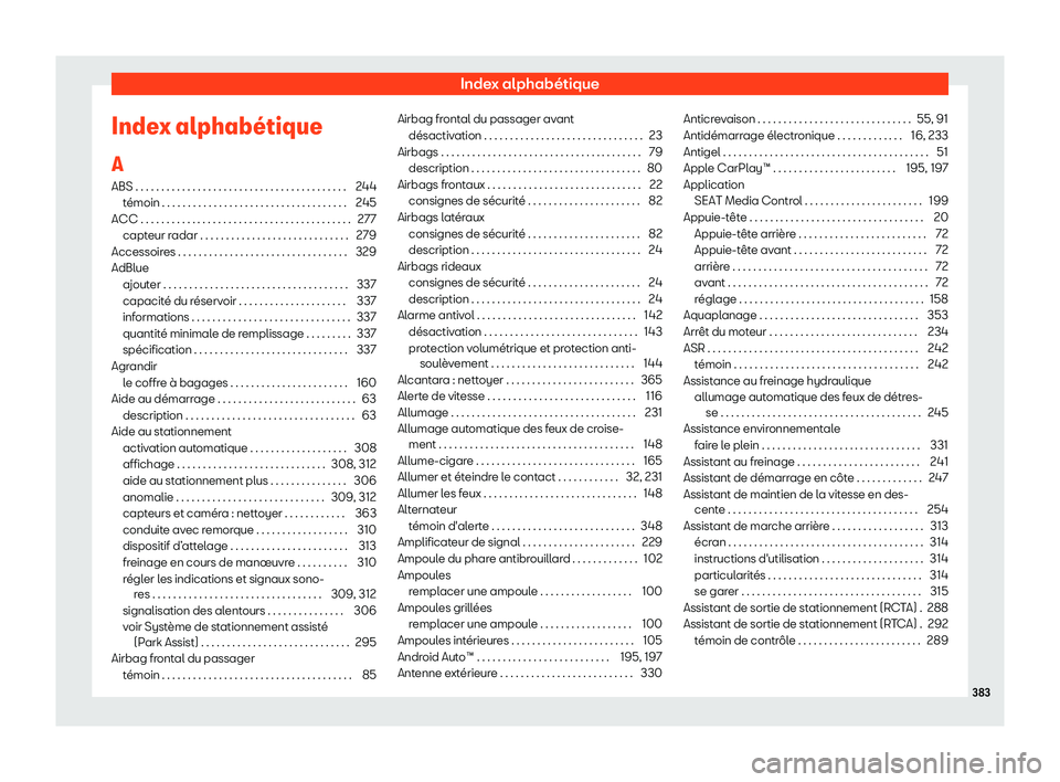 Seat Arona 2019 Manuel du propriétaire (in French) Index alphab Seat Arona 2019 Manuel du propriétaire (in French) Index alphab