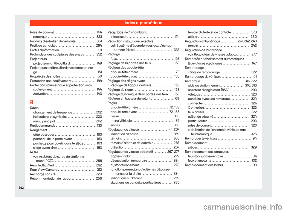Seat Arona 2019 Manuel du propriétaire (in French) Index alphab Seat Arona 2019 Manuel du propriétaire (in French) Index alphab