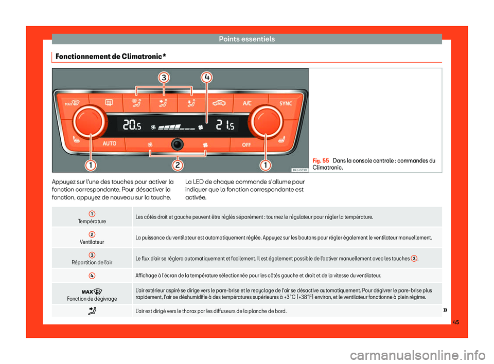 Seat Arona 2019  Manuel du propriétaire (in French)  Points essentiels
Fonctionnement de Climatronic* Fig. 55 
Dans la console centrale : commandes du
Climatronic. Appuyez sur l