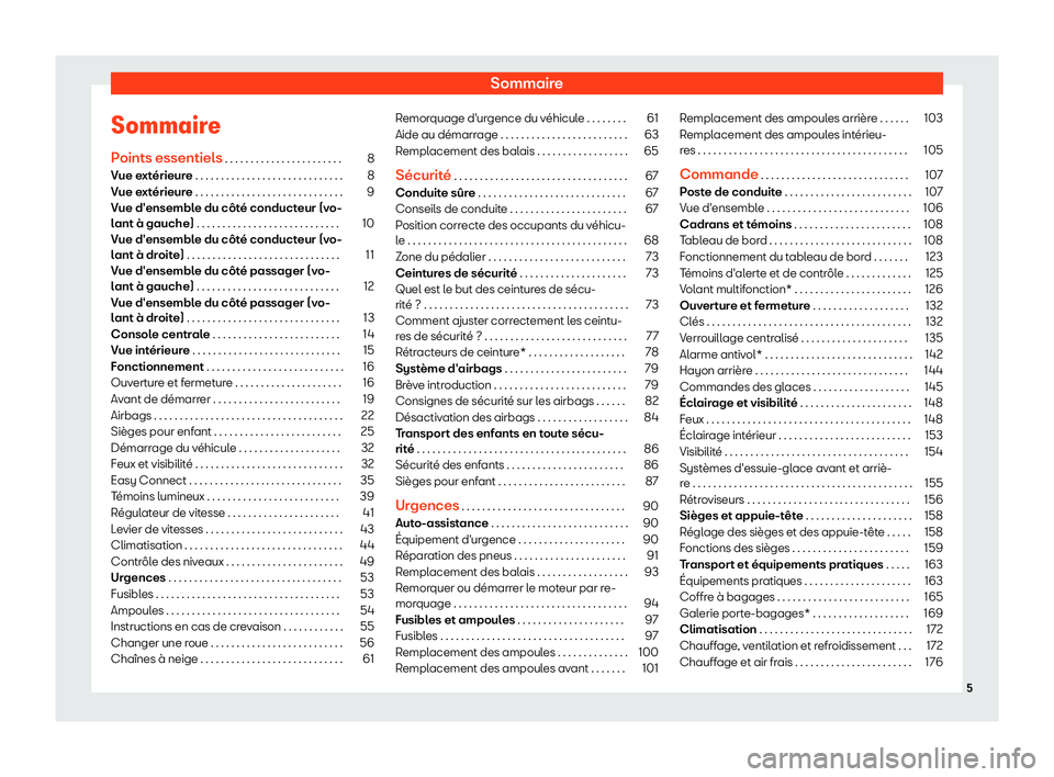 Seat Arona 2019  Manuel du propriétaire (in French)  Sommaire
Sommaire
P oints essentiel
s
 . . . . . . . . . . . . . . . . . . . . . . . 8
Vue ext