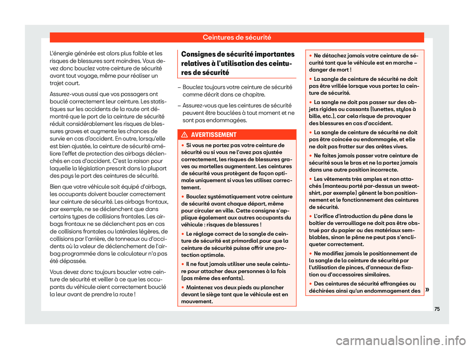 Seat Arona 2019 Manuel du propriétaire (in French) Ceintures de s Seat Arona 2019 Manuel du propriétaire (in French) Ceintures de s