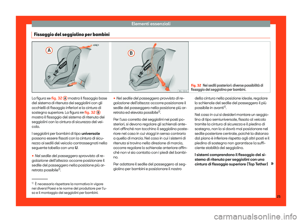 Seat Arona 2019  Manuale del proprietario (in Italian) Elementi essenziali
Fissaggio del seggiolino per bambini Fig. 32
Nei sedili posteriori: diverse possibilit