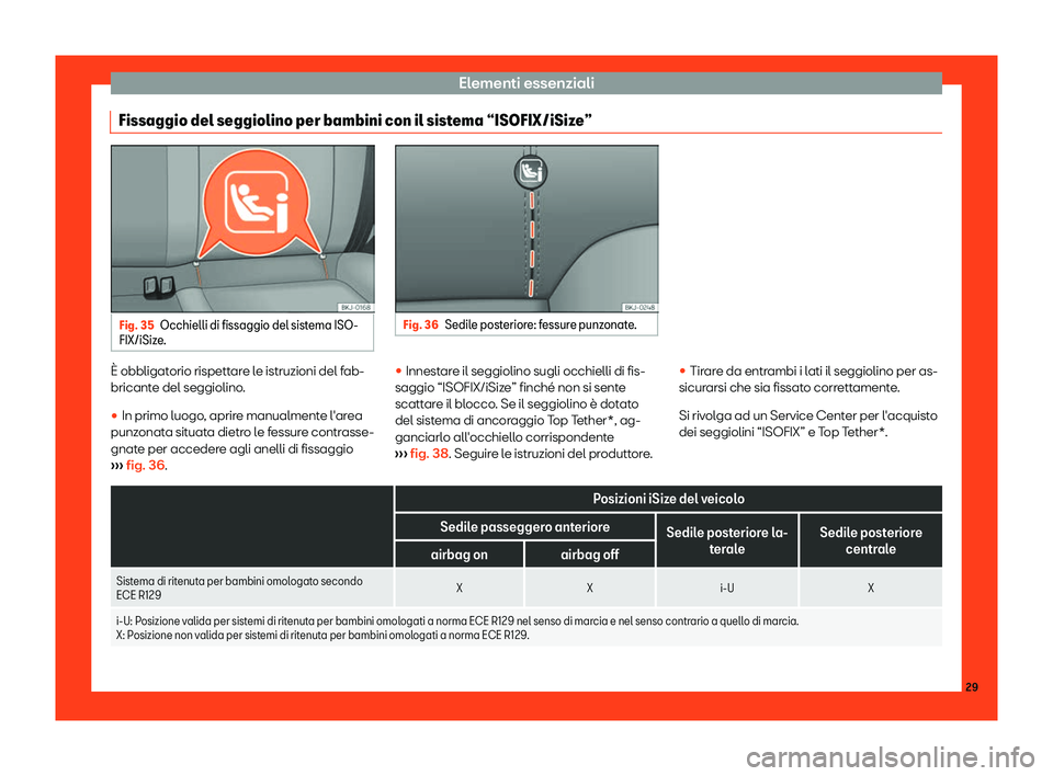 Seat Arona 2019  Manuale del proprietario (in Italian) Elementi essenziali
Fissaggio del seggiolino per bambini con il sistema “ISOFIX/iSize” Fig. 35
Occhielli di fissaggio del sistema ISO-
FIX/iSize . Fig. 36
Sedile posteriore: fessure punzonate. 
