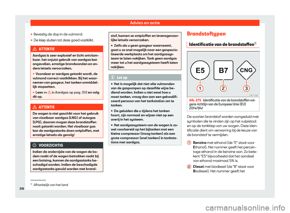 Seat Arona 2019  Handleiding (in Dutch) Advies en actie 
Brandstoftypen
Identificatie van de brandstoffen1)
Afb. 275Identificatie van de brandstoffen vol-gens richtl