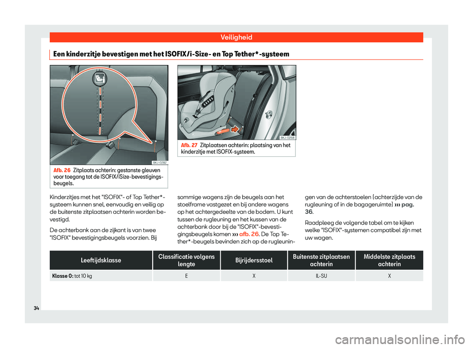 Seat Arona 2019  Handleiding (in Dutch) Veiligheid
Een kinderzitje bevestigen met het ISOFIX/i-Size- en Top Tether*-systeem Afb. 26
Zitplaats achterin: gestanste gleuven
voor t oegang t
ot de ISOFIX/iSize-bevestigings-
beugels. Afb. 27
Zitp