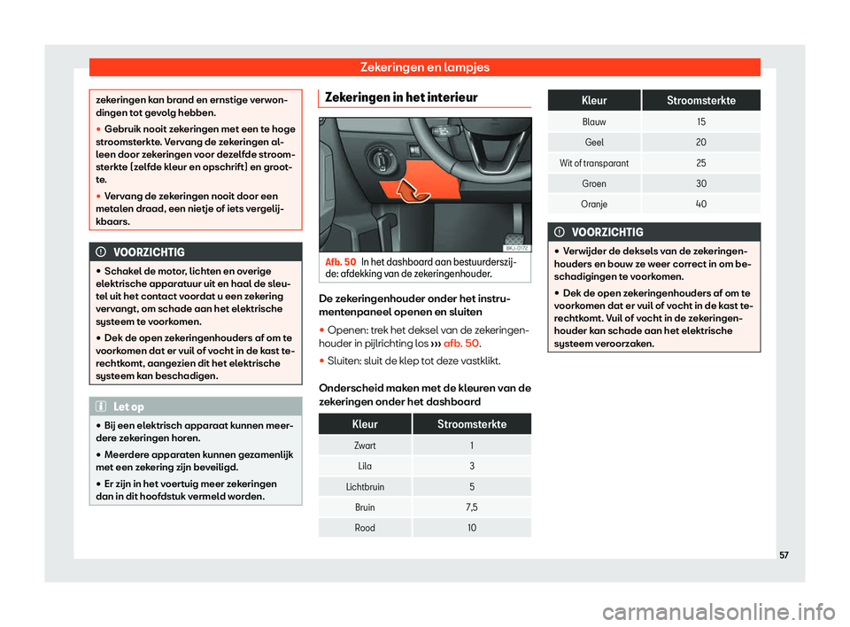 Seat Arona 2019  Handleiding (in Dutch) Zekeringen en lampjes
zekeringen kan brand en ernstige verwon-
dingen tot ge
v
olg hebben.
